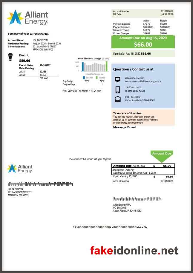 Alliant Energy (Wisconsin/Iowa) Utility Bill Template